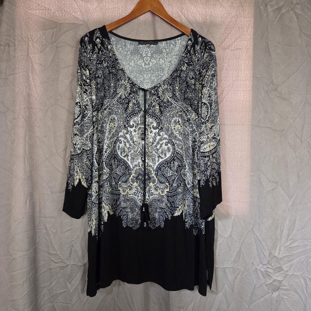 Rose & Olive Blouse Womens Plus 2X Black Scoop Neck 3/4 Sleeve Paisley Tunic Top